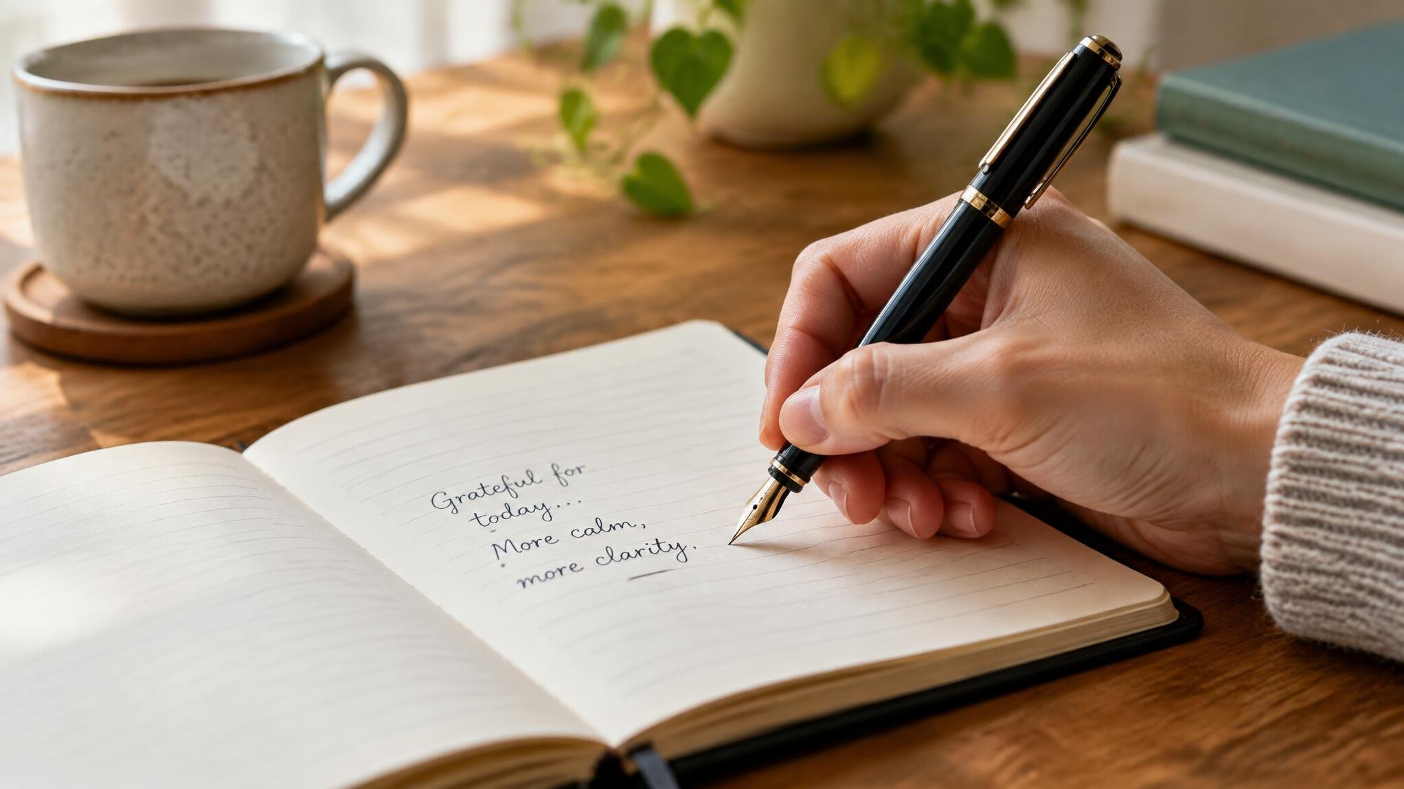 Hand writing in a notebook next to a pen